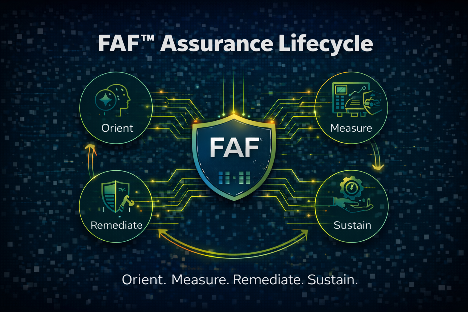Diagram of the FAF Assurance Lifecycle, a circular process: Orient, Measure, Remediate, Sustain. Central shield logo.