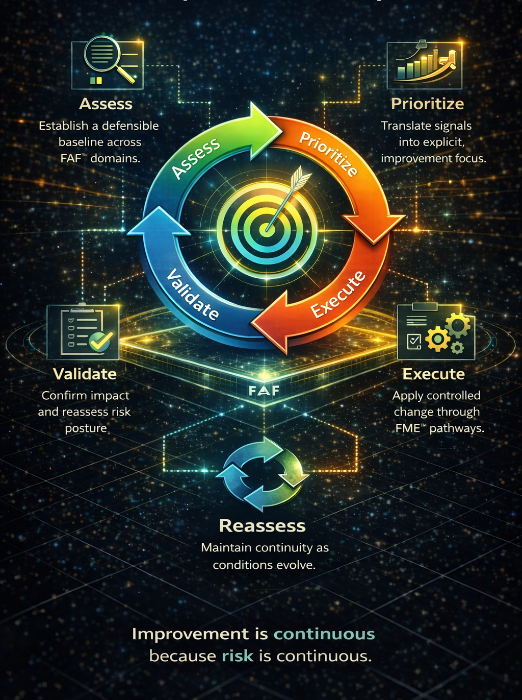 Diagram illustrating the continuous improvement cycle with steps: Assess, Prioritize, Execute, Validate, and Reassess, with a target in the center.