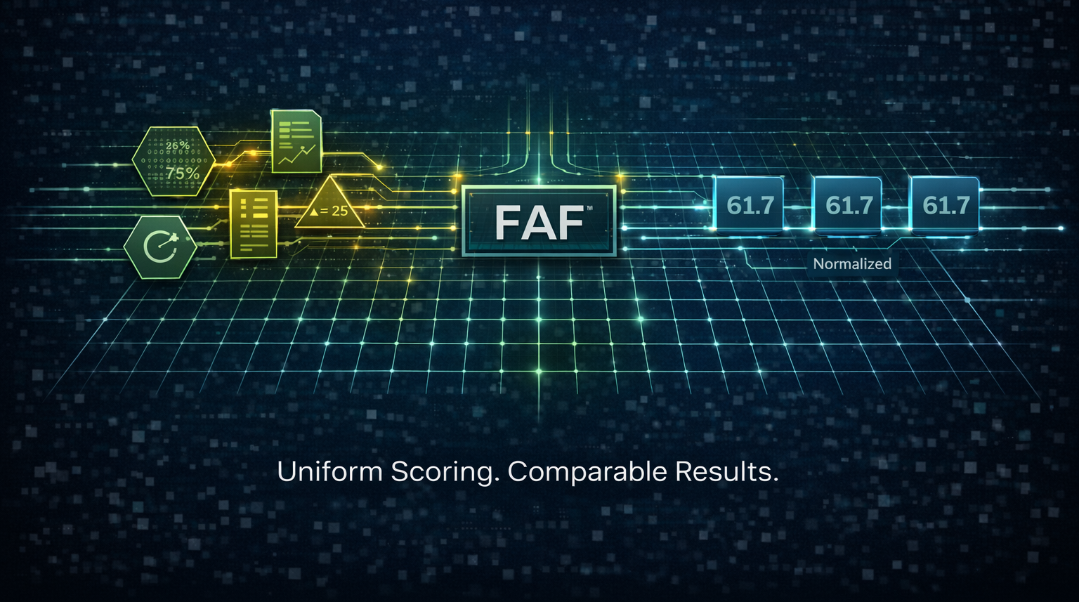 Diagram showing data processing flow. Yellow and blue circuits feed into 