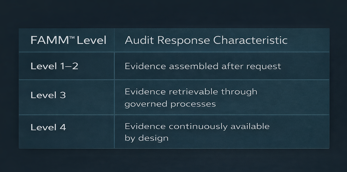 Table detailing FAMM levels (1-4) and corresponding audit response characteristics.
