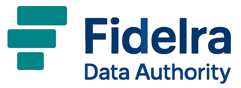 Fidelra logo with teal rectangular shapes and navy blue text: Fidelra Data Authority.