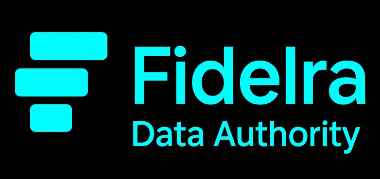 Logo of Fidelra Data Authority in turquoise on black background. Features stacked rectangular shapes.