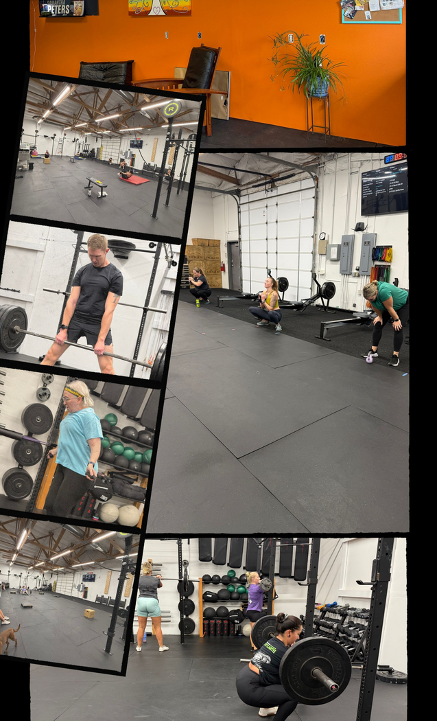 Collage of people doing CrossFit-style workouts in a gym with black mats, rigs, and orange walls Everyday Strength, a gym in Wenatchee, WA