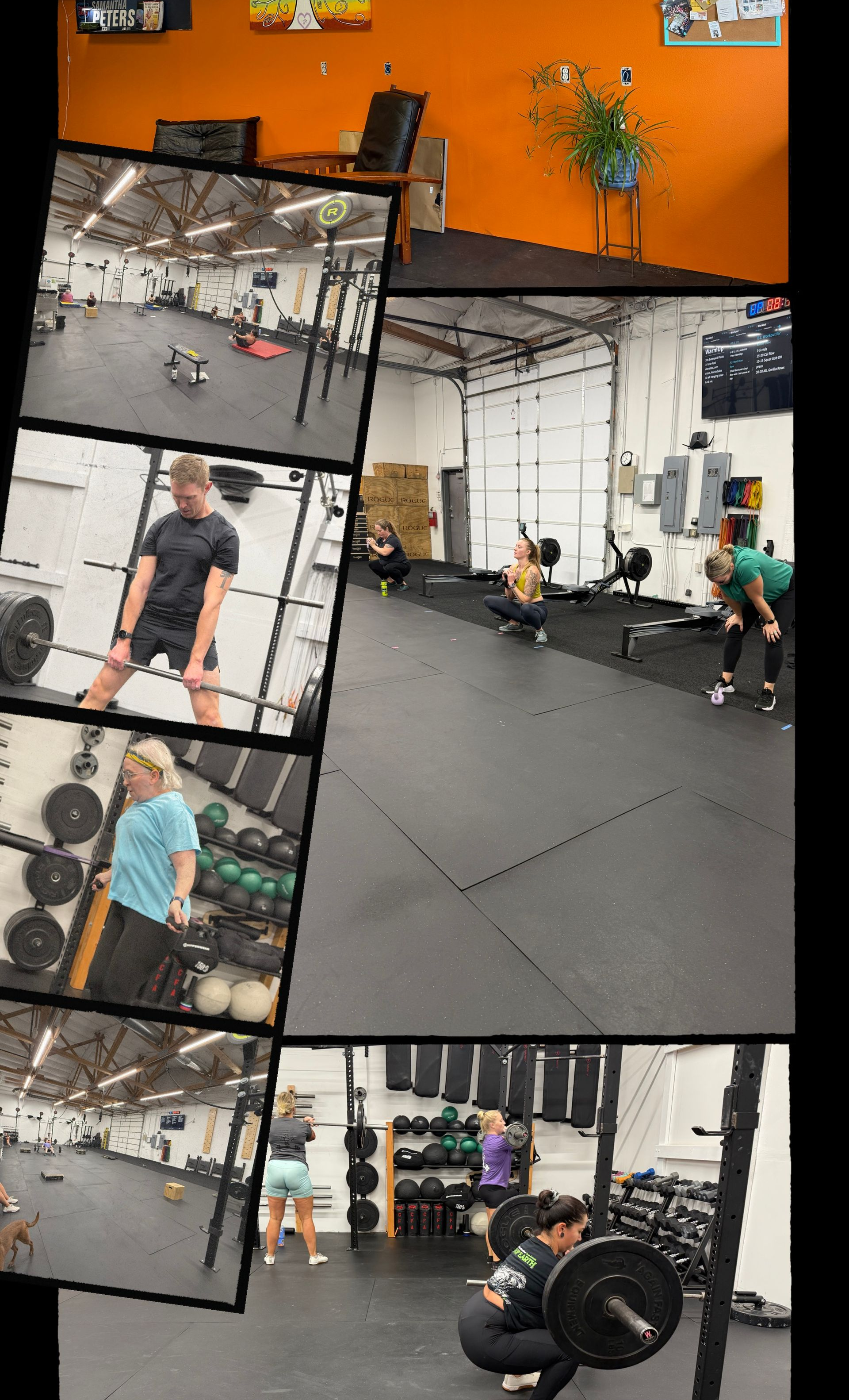 Multiple pictures, showing deadlifting, jumproping, squatting, lobby