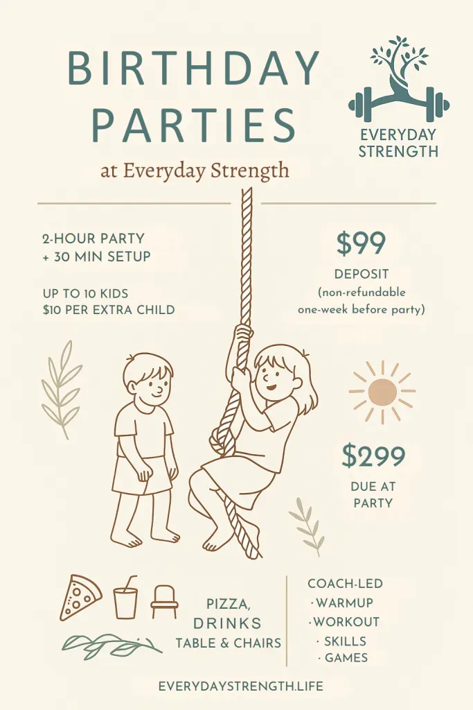 Birthday party advertisement with illustration of children climbing a rope and price details.