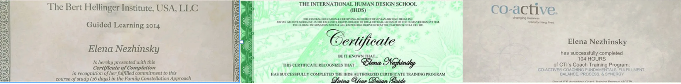 Three certificates for Elena Nezhinsky from various coaching and training programs.