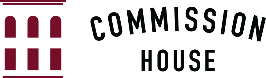 Logo: maroon building icon, "COMMISSION HOUSE" in black text.