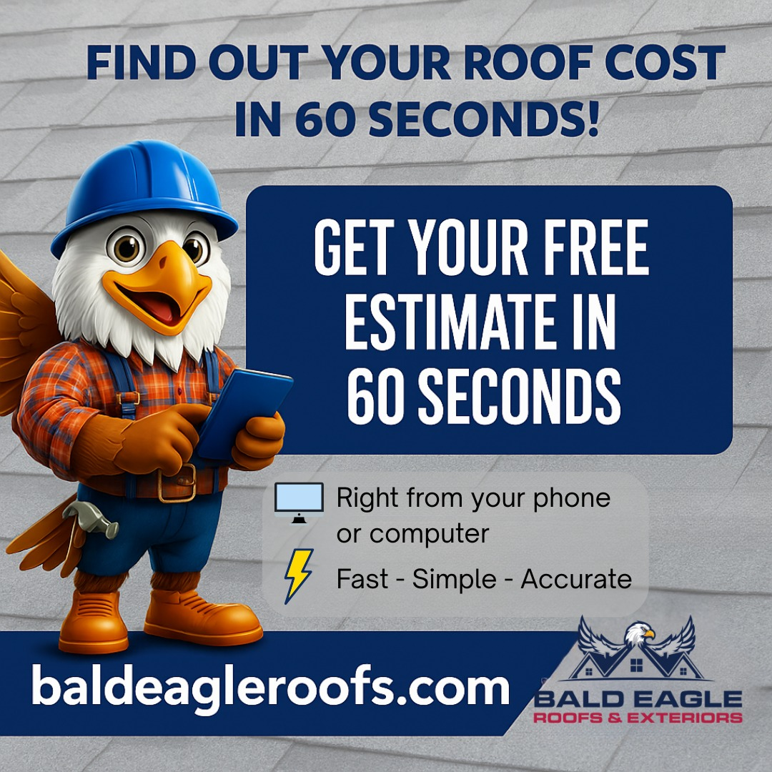 Ad for Bald Eagle Roofing. Animated eagle in hard hat offers a free roof estimate in 60 seconds from phone or computer.