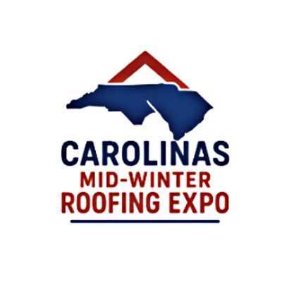 Logo for Carolinas Mid-Winter Roofing Expo, featuring a blue outline of North and South Carolina with a red roof above.