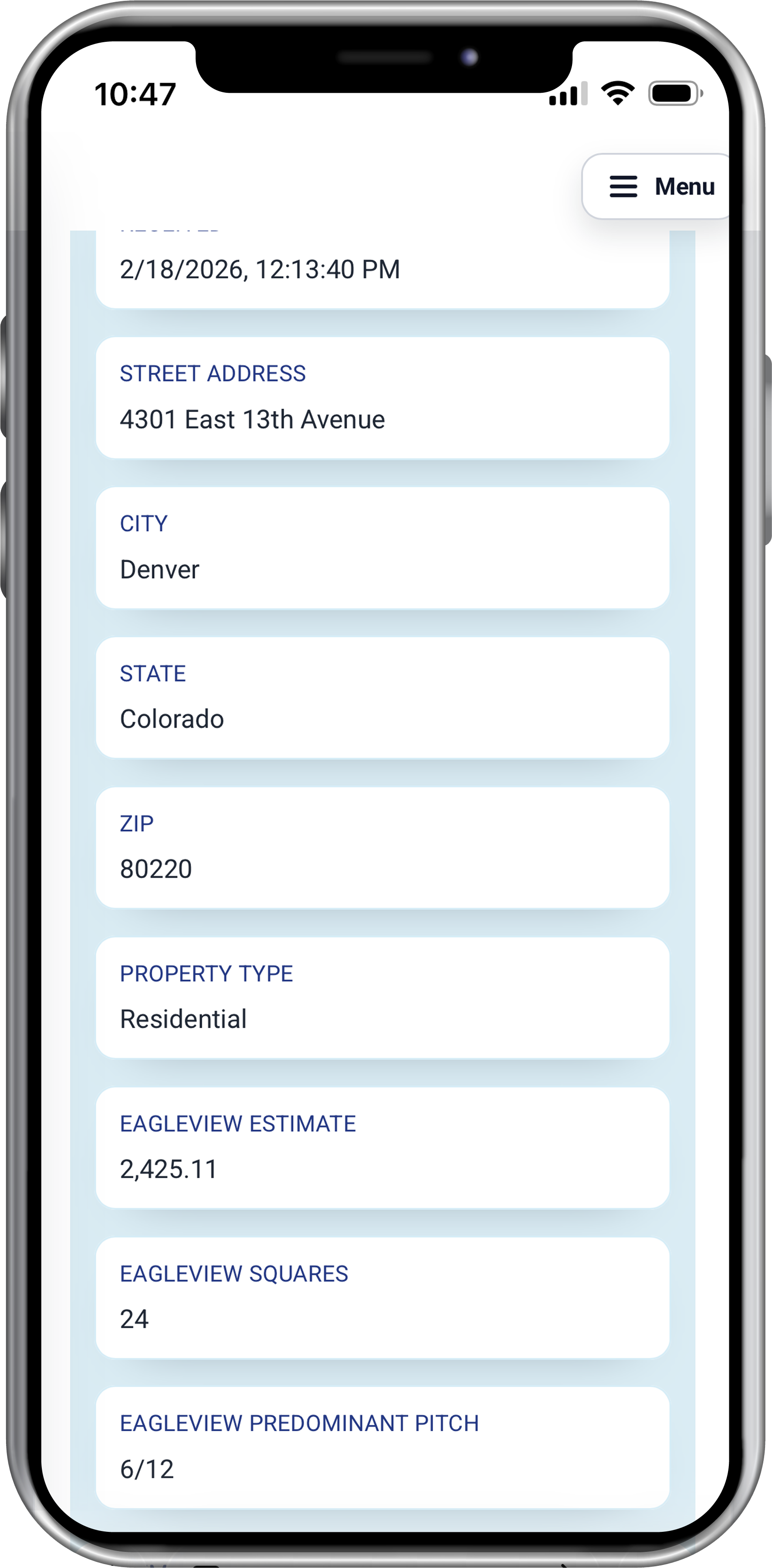 Smartphone screen displaying a list of details. Address information includes the city, state, and zip code.