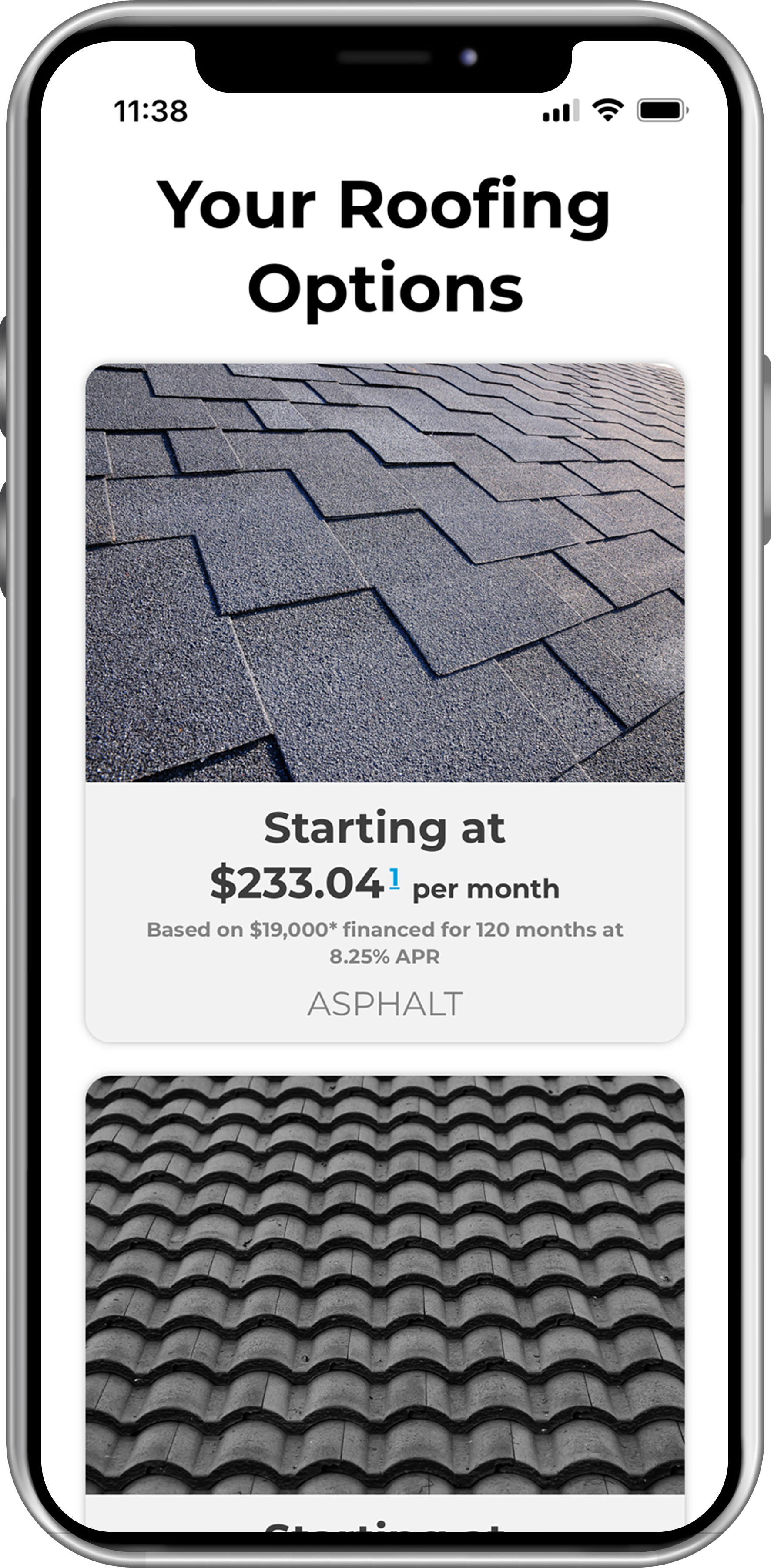 A mobile screen displays roofing options with a cost of $233.04 per month.