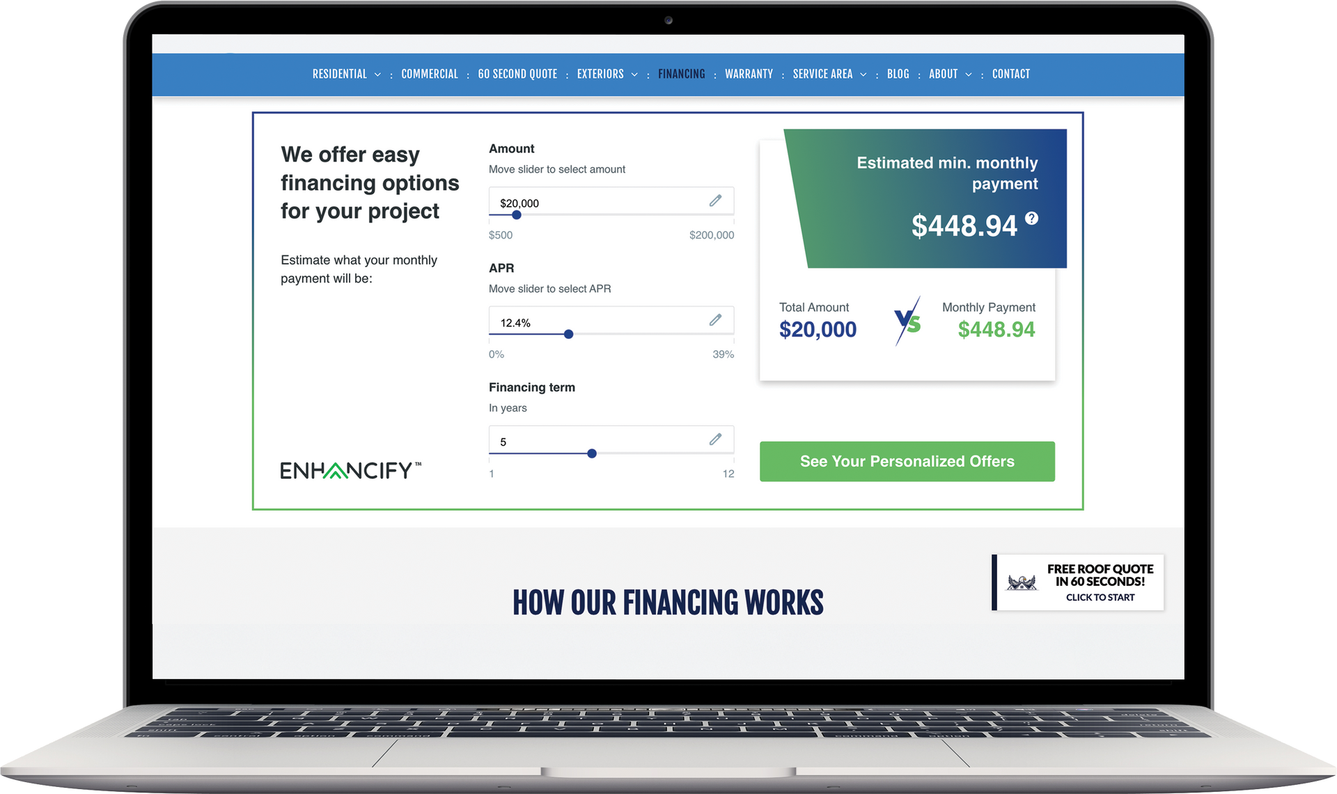 Laptop screen displaying a financing calculator with input fields and an estimated monthly payment of $440.04.
