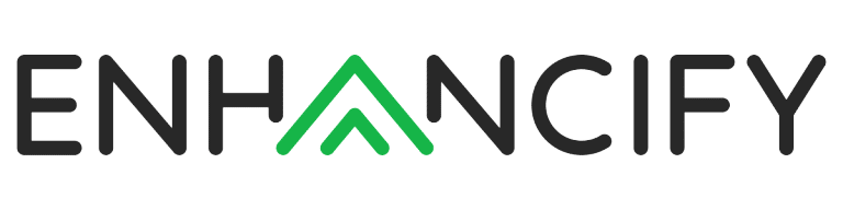 Enhancify logo in black text with a green upward-pointing arrow design integrated into the 
