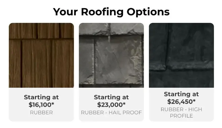Roofing options: Rubber, hail-proof rubber, and high-profile rubber, with starting prices.