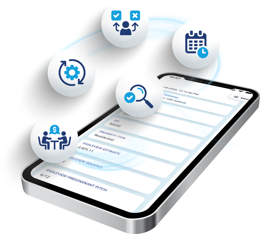 A smartphone displays a form, surrounded by floating icons representing icons for meetings, settings, choices, and timing.