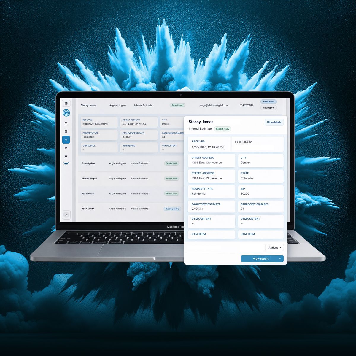 Laptop with software interface, surrounded by a blue explosion.  Interface shows data table and detailed record.