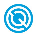 Blue and white circular logo with a maze-like design and an open "Q".
