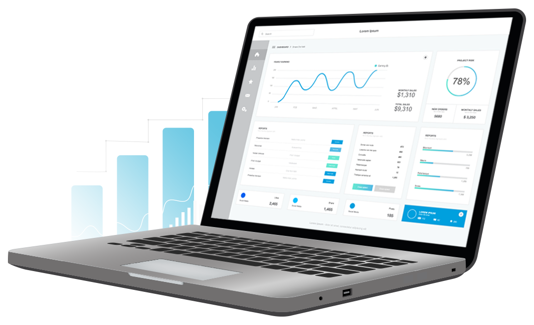 A laptop displaying a business analytics dashboard with charts and graphs, set against a background of rising bar graphs.