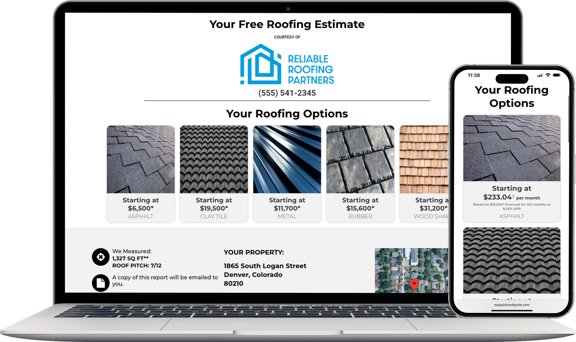 Laptop and phone displaying a roofing website with roofing options, logo, and contact info.