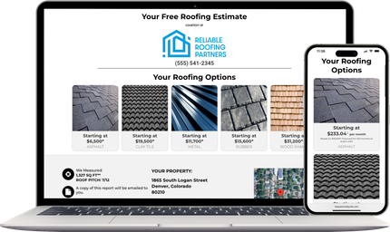 Laptop and phone displaying a roofing website with roofing options, logo, and contact info.