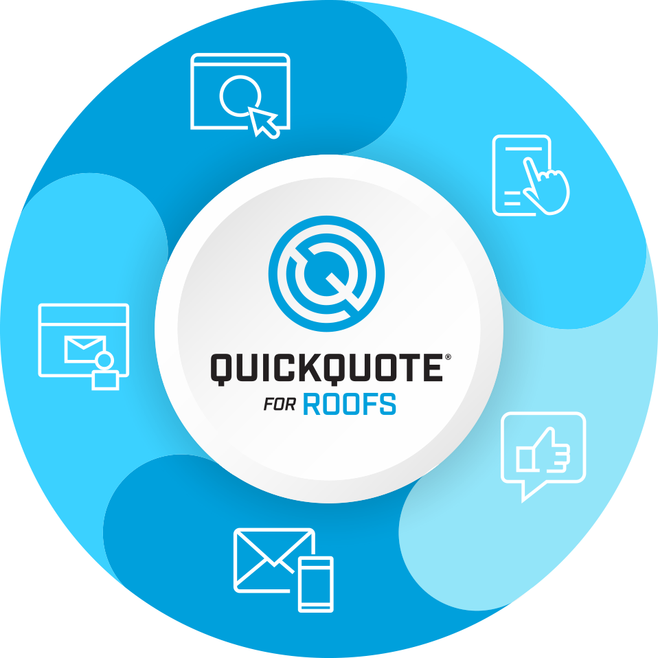 QuickQuote for Roofs logo in a blue circular design with icons representing online, mobile, and customer interactions.
