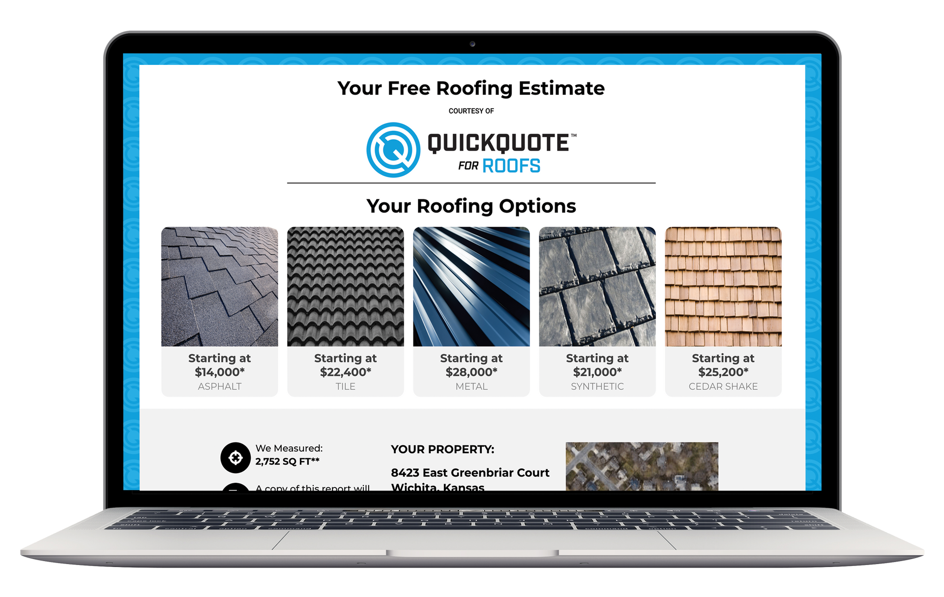 Laptop displaying a roofing estimate website; shows various roofing options with costs.
