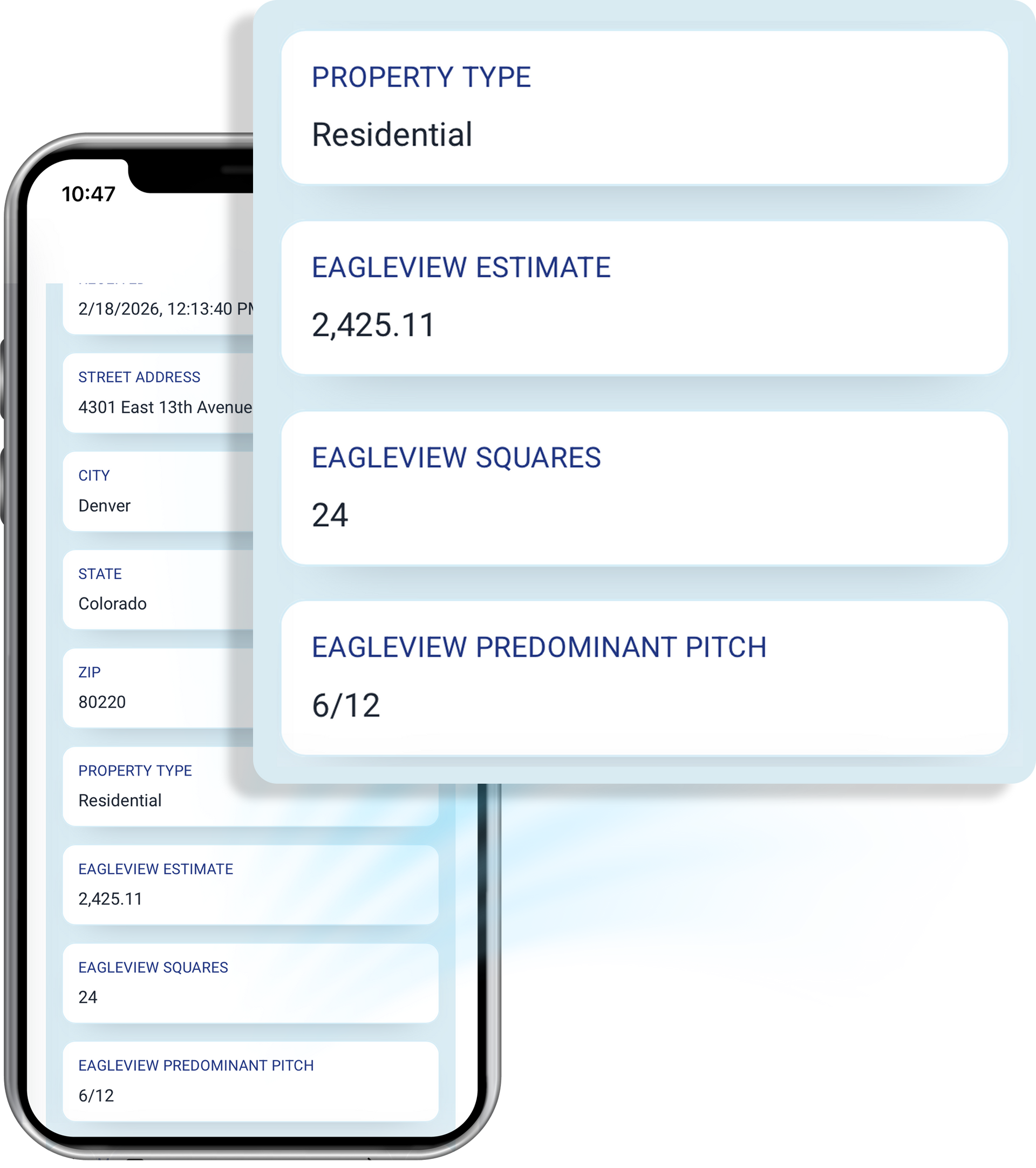 A smartphone displaying a property appraisal app interface with fields for residential type, estimate, and roof pitch.