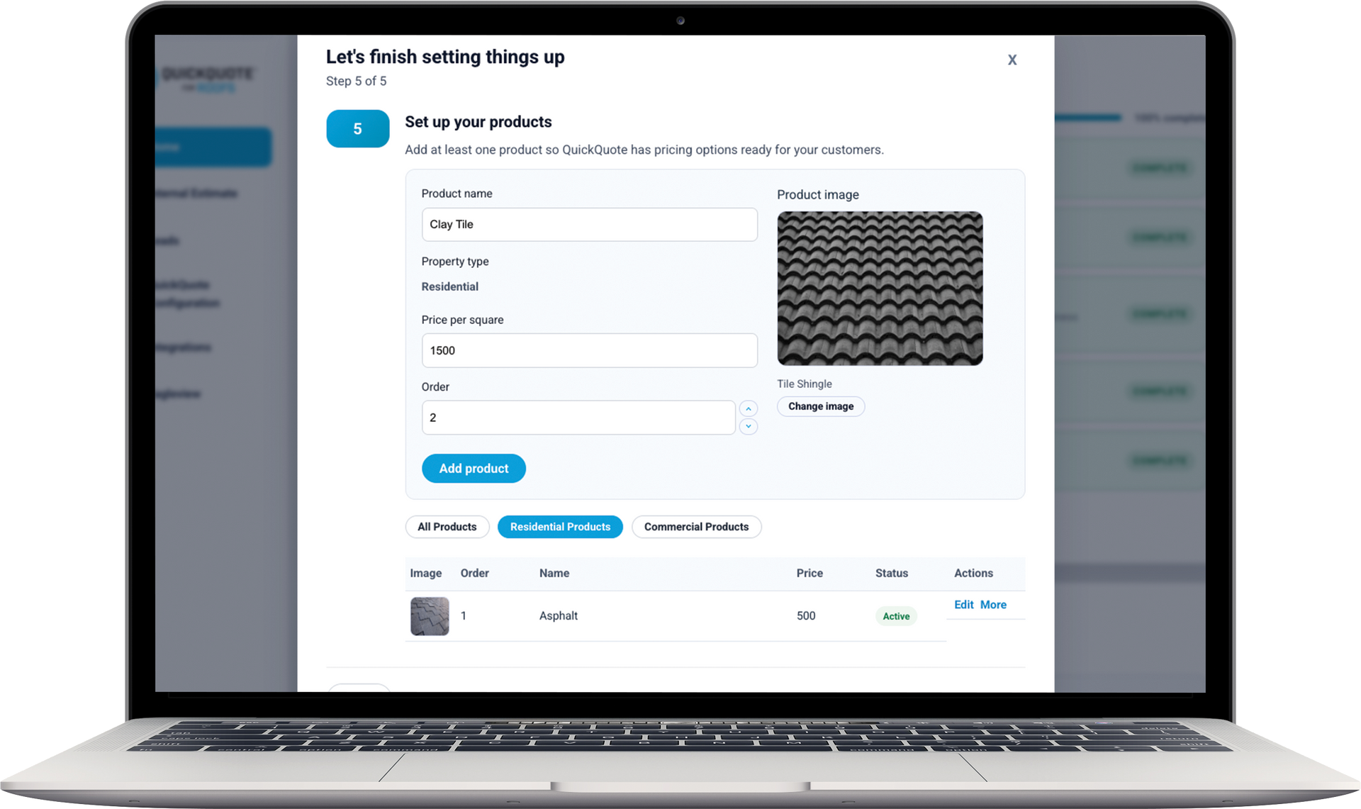 Laptop screen showing a product setup form. The form includes fields for the product name, details, and an image preview.