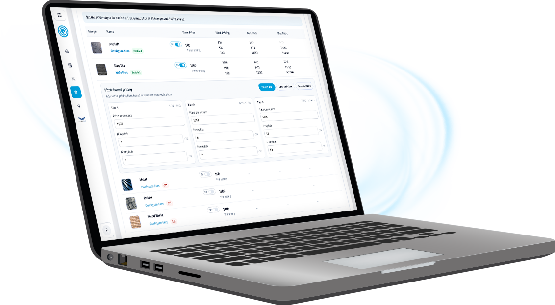 A silver laptop displayed at an angle, showing a software dashboard with data tables, icons, and menu navigation.