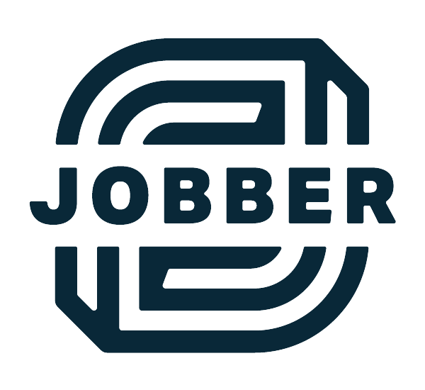 Jobber logo: Dark blue text within a stylized, layered geometric shape.