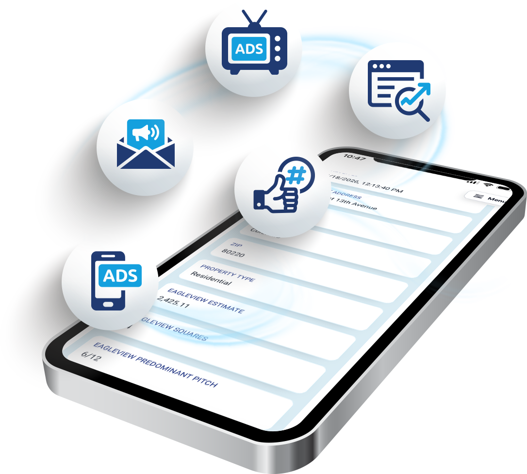 Smartphone with icons for various digital marketing channels, including social media, email, and advertising.