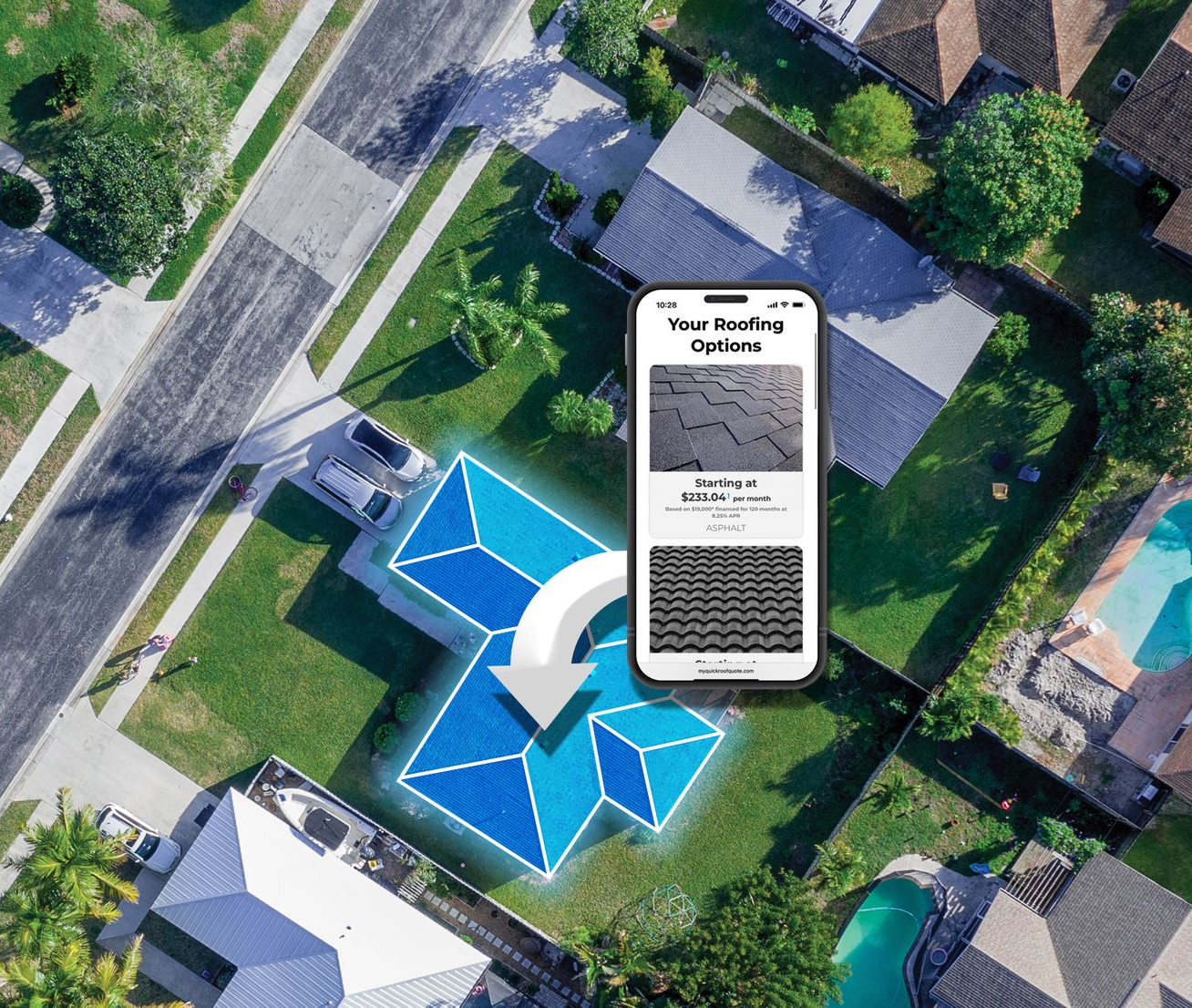 Overhead view of a house with a phone showing a roofing scan, highlighted in blue, symbolizing roof inspection technology.