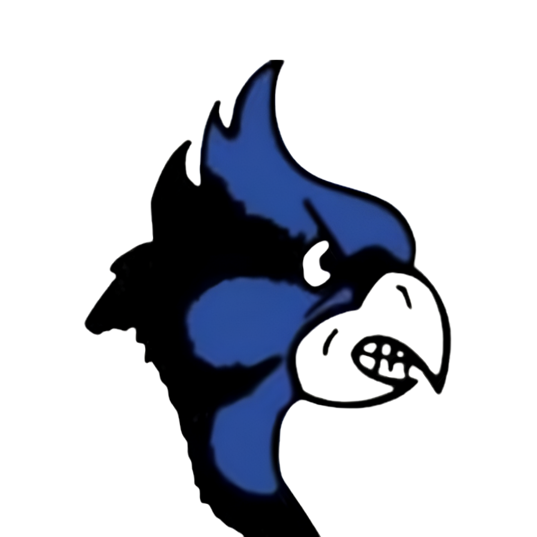 Blue and black cartoon bird head with a white beak, snarling expression, on a white background