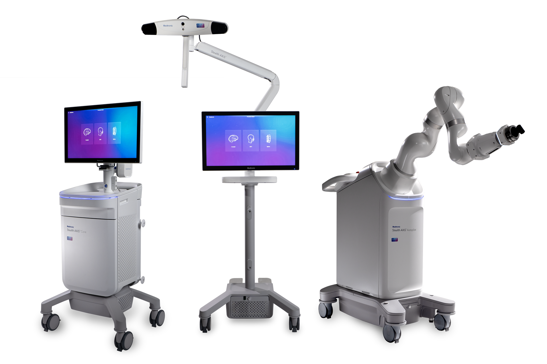 Medical cart with touchscreen and articulated robotic arm in three views on a white background