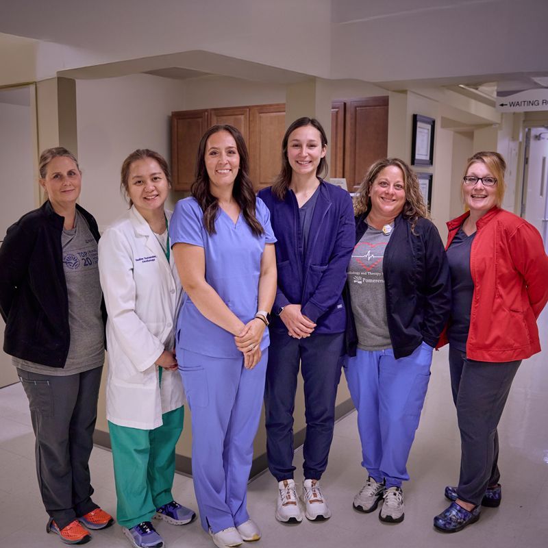 Six healthcare workers, diverse in age and ethnicity, stand in a hallway.