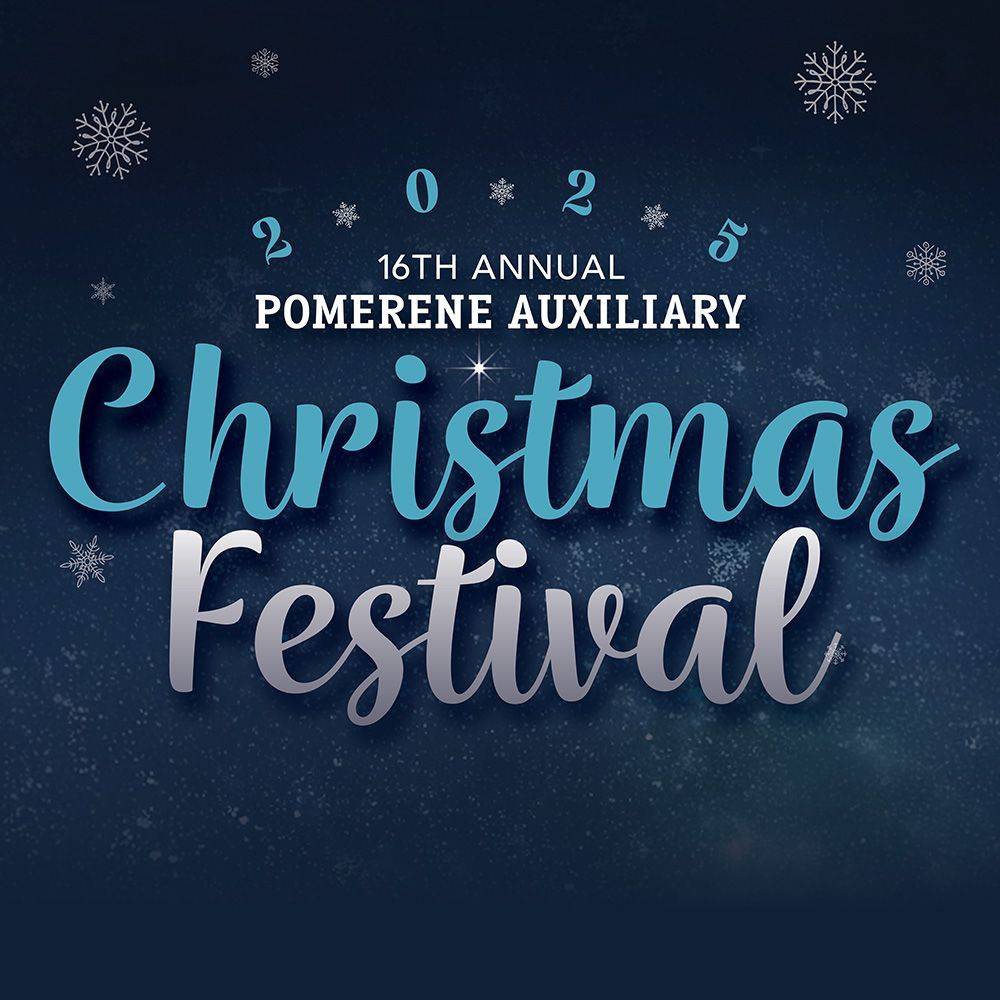 A watercolor illustration of Christmas trees in shades of blue and green, with falling snowflakes and ornaments.