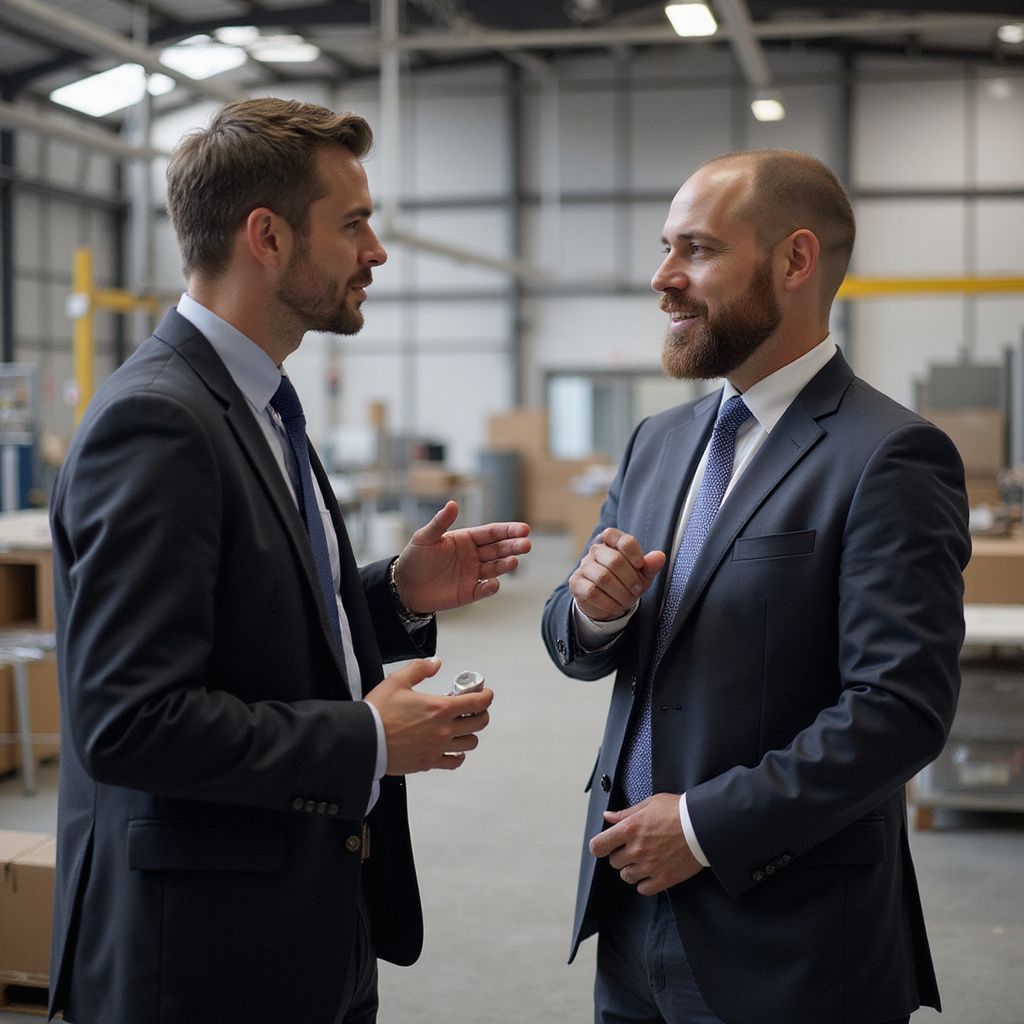 Two men in suits talking in a warehouse. One gestures with a hand, the other smiles.