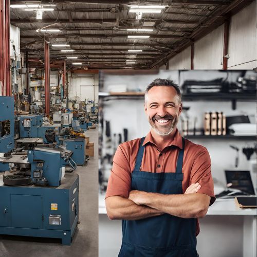 A man in an apron is standing in a factory with his arms crossed. Find a manufacturing business for sale in Ontario by starting with filling an acquisition target form 