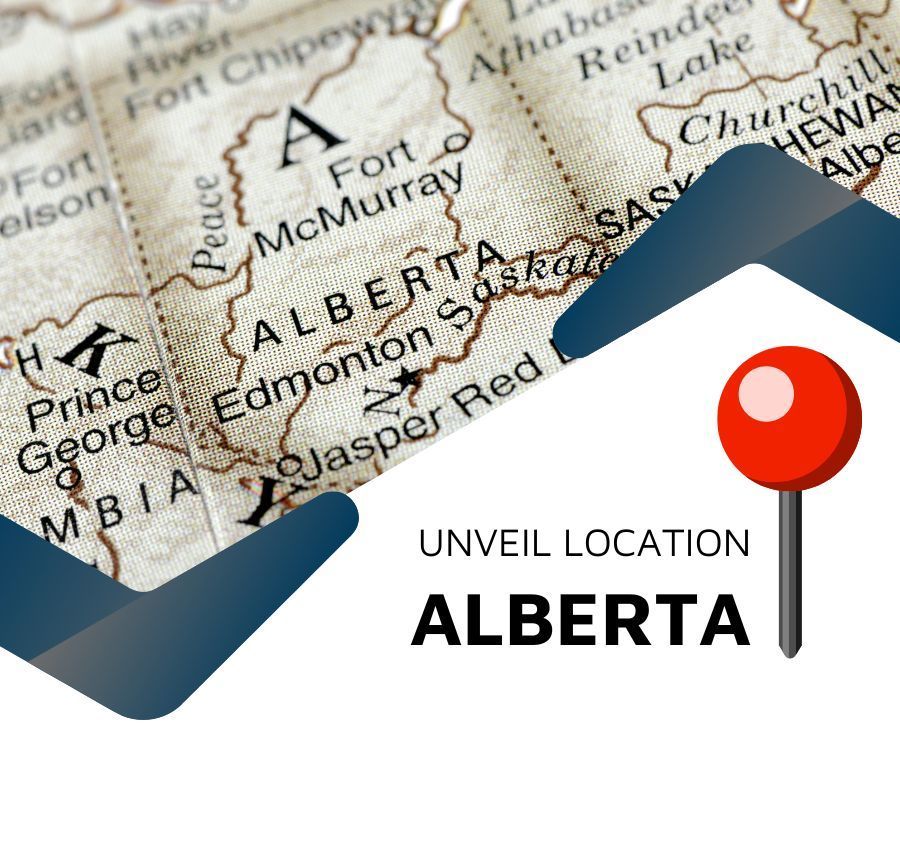 A map of Alberta with a red pin on it - manufacturing business for sale alberta