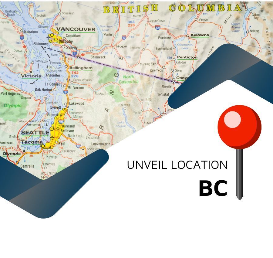A map of British Columbia with a red pin on it - manufacturing business for sale in British Columbia