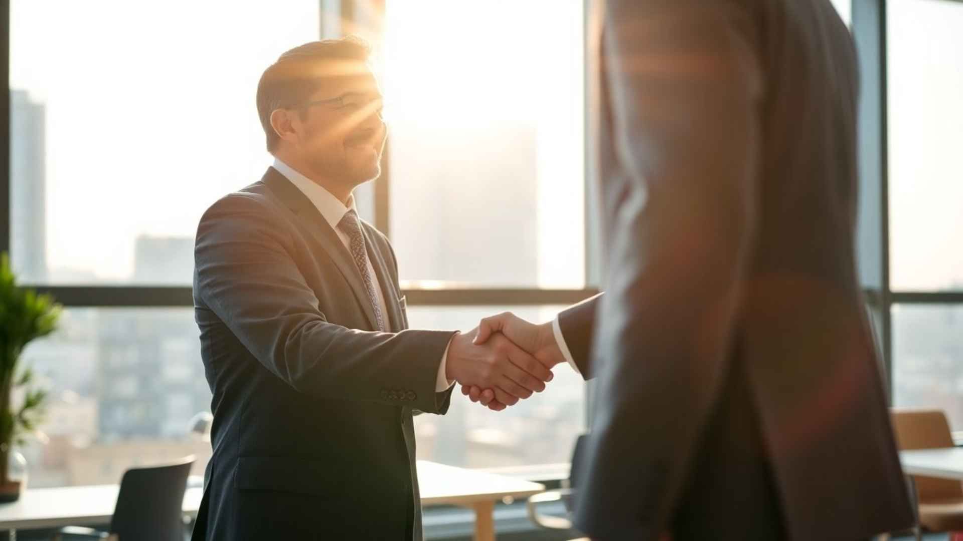 Two men in suits shaking hands in a sunlit office.