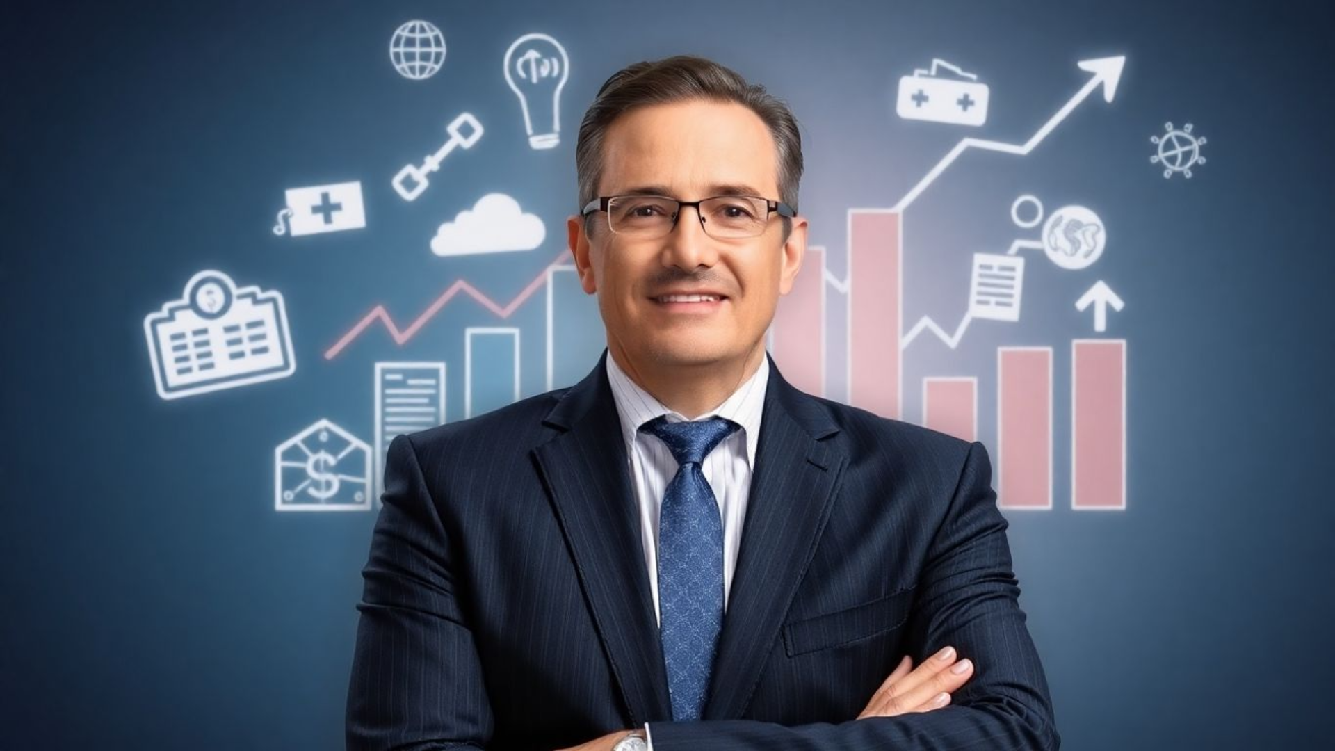 Smiling businessman with glasses and arms crossed, with financial icons and graphs in the background.