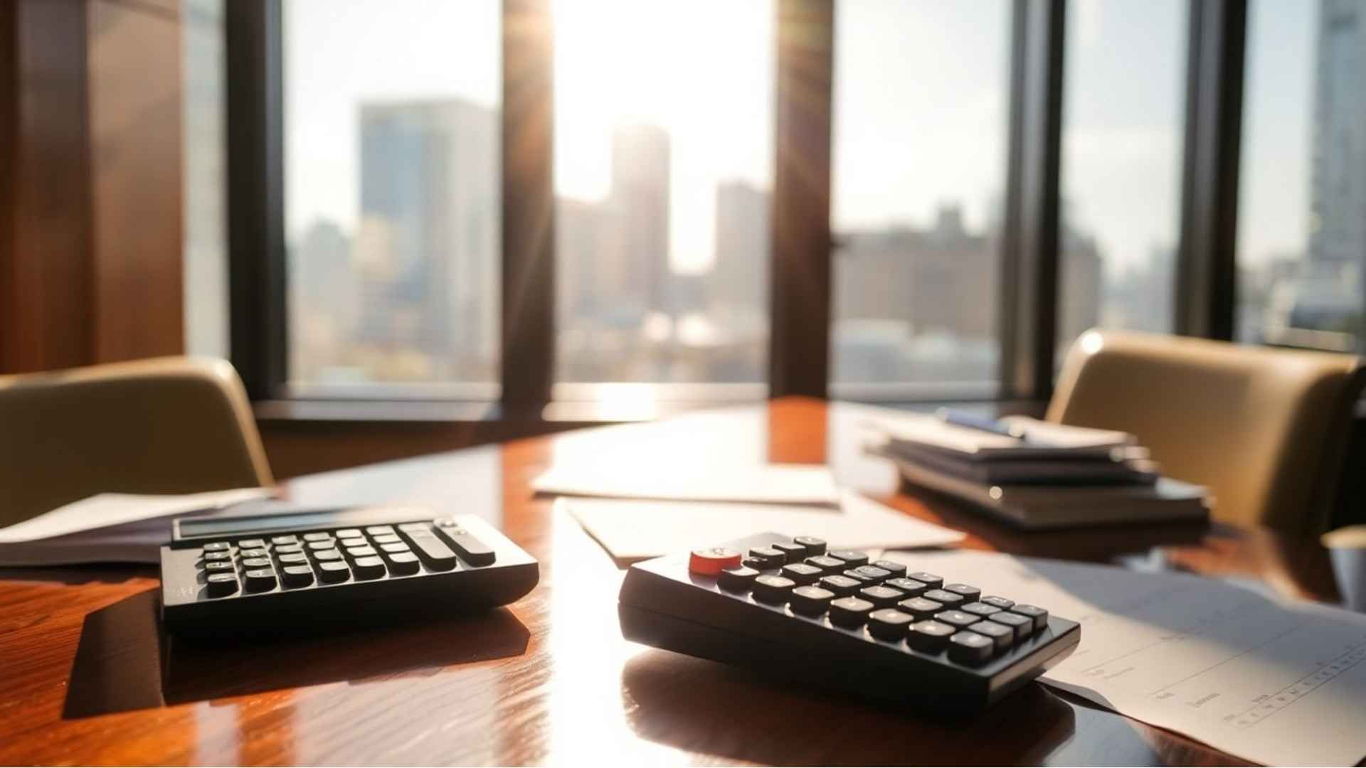 Two calculators on a wooden table in front of a window with a city view.