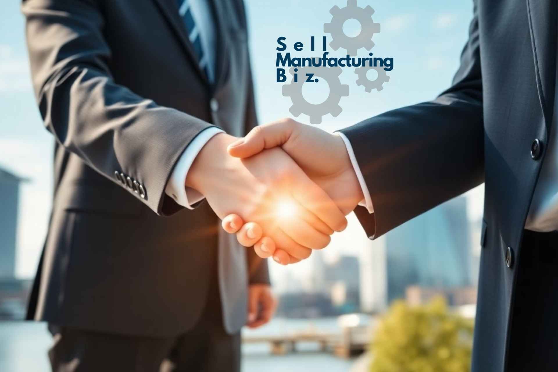 Two businesspeople shake hands, illuminated by a bright light, outdoors against a city skyline in Ontario. 