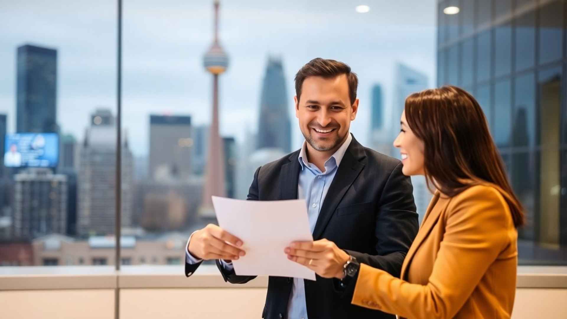 A man and a woman are reviewing documents in an office with a Toronto skyline view, smiling.