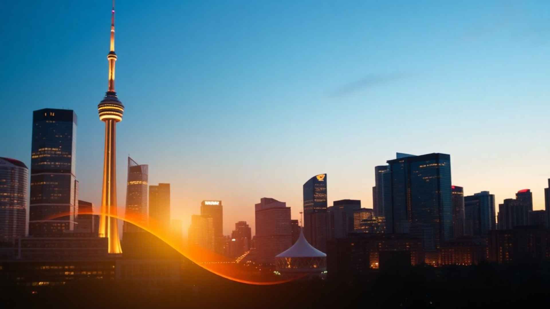 Toronto skyline at sunset, with CN Tower prominent, warm colors.