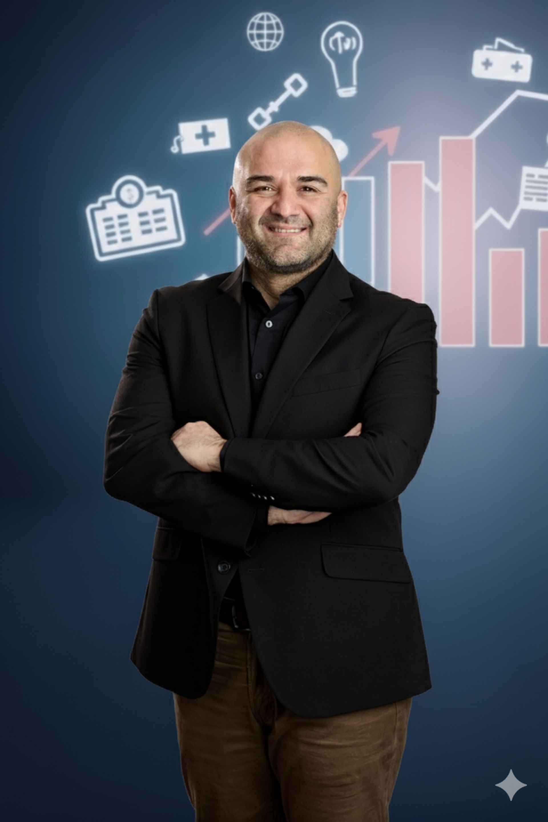 Khaled Baranbo smiles, arms crossed, in front of a chart graphic on a blue background.