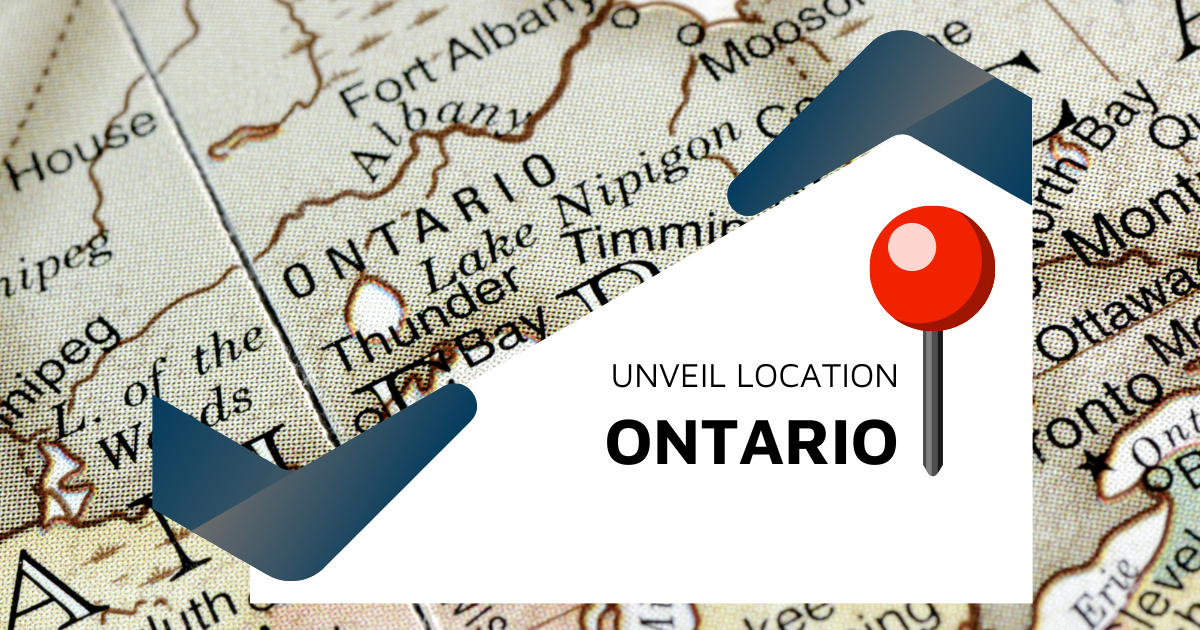 A map of Ontario with a red pin on it. Manufacturing businesses for sale in Ontario, Canada. 