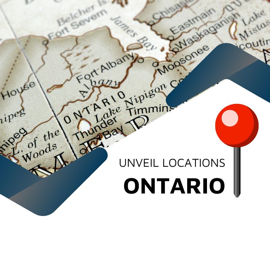 Map of Ontario with a red pin, text 