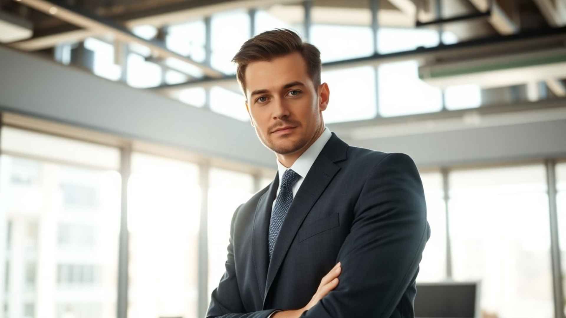 Man in suit with arms crossed, looking confidently at the camera in an office setting.